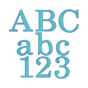 May include: A set of embroidered characters in a bright turquoise thread with a dark blue outline. The characters include the uppercase letters A, B, and C, the lowercase letters a, b, and c, and the numerals 1, 2, and 3, all featuring a textured stitch.