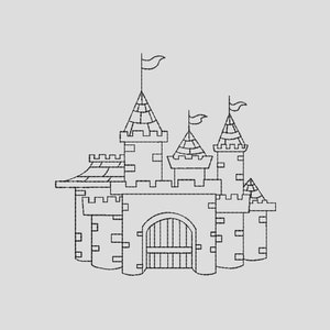 May include: A black and white line drawing of a fairytale castle with multiple towers and a gate.