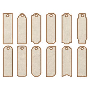 May include: Twelve rectangular tags with different shaped edges. Each tag has a beige, linen-effect centre and a thin, brown border. A small hole is at the top of each tag, suitable for stringing.