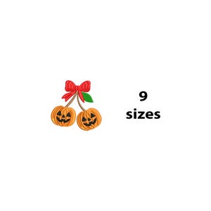 May include: A Halloween-themed design featuring two orange jack-o'-lanterns with black carved faces, connected by stems and a red bow. A green leaf is also present. The text "9 sizes" is displayed in black.