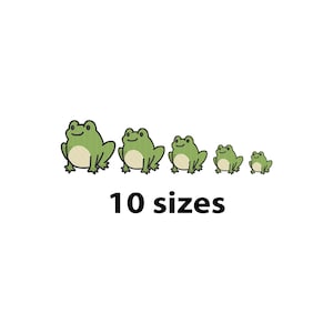 May include: Five cartoon frogs in different sizes are displayed on a white background. The frogs are green with light green bellies and black outlines. The text "10 sizes" is below the frogs in black.