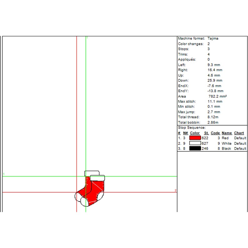 Pode incluir: Um desenho de bordado digital de uma meia de Natal vermelha com acabamento branco. O desenho &eacute; para um projeto de bordado de m&aacute;quina e inclui instru&ccedil;&otilde;es para mudan&ccedil;as de cor, contagem de pontos e cores de fio.