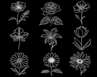 9 lentebloemen machine borduurontwerpen, 10 maten, weidebloemen geborduurd, lijntekeningen borduurwerk, botanische bladdoodle