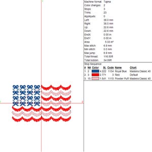 May include: An embroidery design featuring a pattern of blue bows and red scalloped edges. The design is likely for a patriotic theme, with the colors of red, white, and blue. The design is for machine embroidery.
