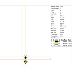 May include: A black and yellow bee embroidery design with a white outline. The design is centered on a white background with red and green lines.