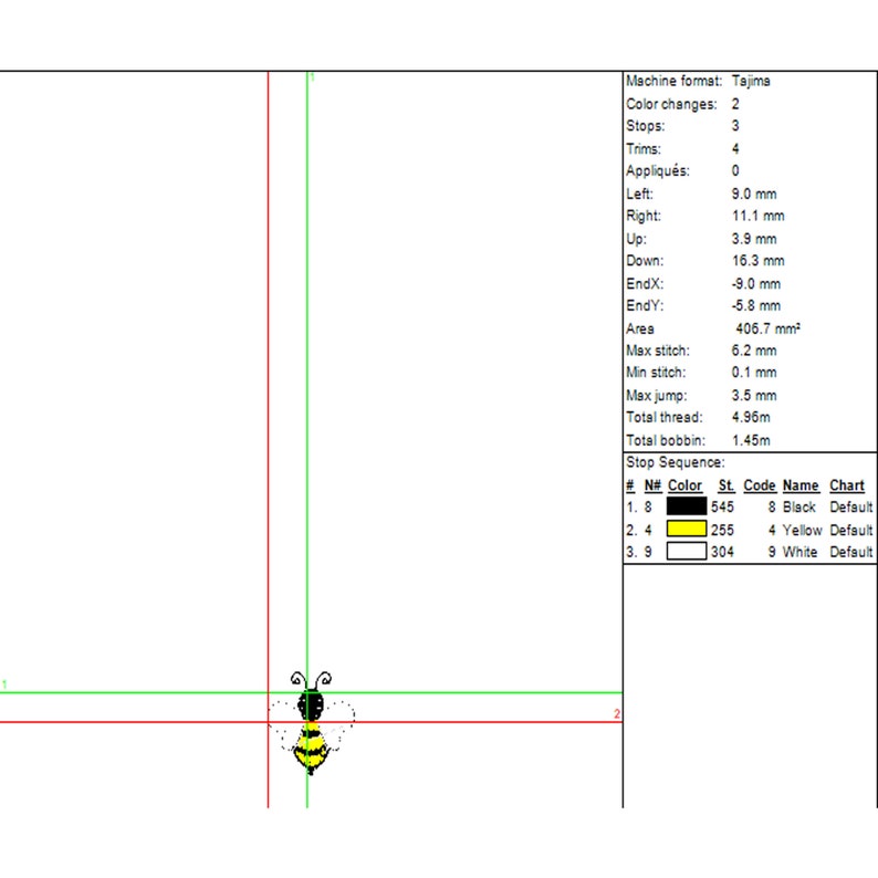 May include: A black and yellow bee embroidery design with a white outline. The design is centered on a white background with red and green lines.