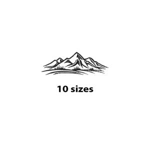 May include: Black and white mountain range illustration with trees at the base. The text "10 sizes" is below the illustration. The image is on a white background.