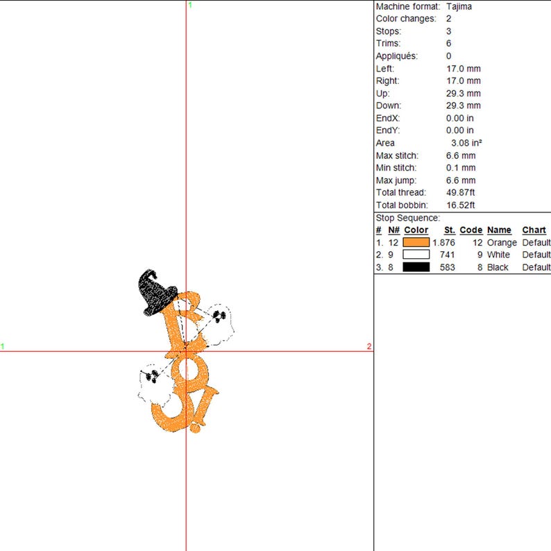 May include: An orange "BOO!" design with a witch's hat on the "B" and two white ghost figures. The design is likely for Halloween-themed embroidery or crafting projects. The design includes the text "BOO!"