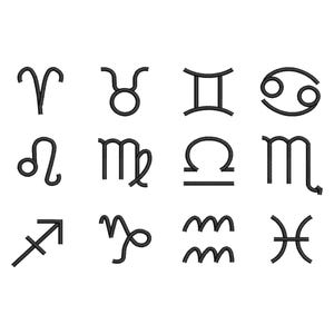 Miniaturowe indywidualne wzory haftu 12 znaków zodiaku, rozmiar 12, plik projektu haftu maszynowego znaki zodiaku, haft astrologiczny