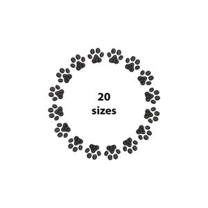 May include: A white background with a circular arrangement of black paw prints. The text "20 sizes" is centered within the circle. The paw prints are detailed, showing the pads and claws.