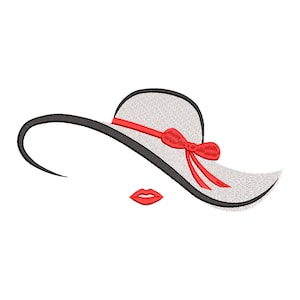 Op de afbeelding: Een geborduurd ontwerp met een breedgerande hoed met een zwarte omtrek en een rode strik. De hoed is lichtgrijs met een rood lint. Onder de hoed bevindt zich een paar rode lippen. Het ontwerp staat op een witte achtergrond.