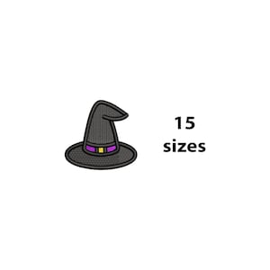 May include: A black embroidered witch hat design featuring a purple band and a yellow buckle detail. The text 15 sizes is displayed in black next to the embroidery pattern. The hat has a pointed top and a wide brim with visible stitching.