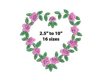 Mini to Large Floral Heart Wreath Embroidery Design, 16 Sizes, Heart Frame Border Machine Embroidery Design File, Valentine Embroidery
