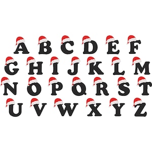 Puede incluir: Letras mayúsculas negras del alfabeto, cada una adornada con un gorro de Papá Noel rojo y blanco. Las letras están dispuestas en filas, creando un diseño festivo. Ideal para manualidades y decoraciones navideñas.