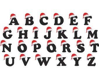 May include: Black uppercase letters of the alphabet, each adorned with a red and white Santa hat. The letters are arranged in rows, creating a festive and seasonal design. Perfect for holiday crafts and decorations.
