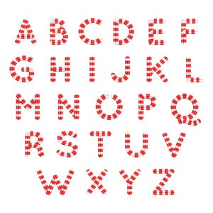 May include: Alphabet letters A through Z, each designed with a red and white striped pattern, similar to candy canes. The letters are arranged in rows on a white background, perfect for holiday-themed crafts or designs.