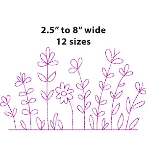 May include: A line of purple embroidered flowers and leaves, 2.5" to 8" wide, in 12 sizes.