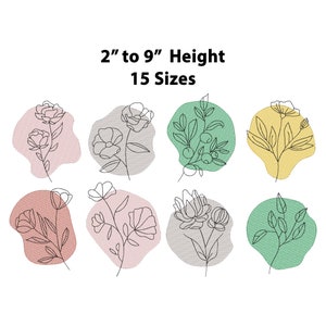 Peut inclure: Ensemble de 8 motifs floraux en ligne art dans différentes couleurs, chacun avec un arrangement différent de fleurs ou de feuilles. Les motifs mesurent de 5 à 23 cm de hauteur et sont disponibles en 15 tailles.