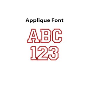 May include: White background with the text "Applique Font" above the letters "ABC" and numbers "123". The letters and numbers are red with a white outline.