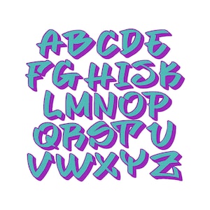 May include: A full alphabet in a graffiti style, featuring teal letters with purple drop shadows. The letters are outlined in a thick, bold style, creating a 3D effect. The background is plain white.