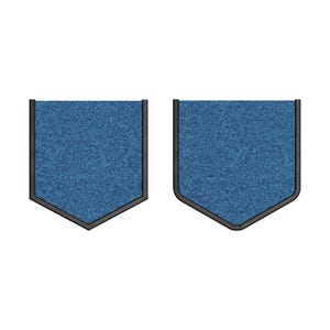 May include: Two blue denim patches with black stitching and a pointed bottom edge.