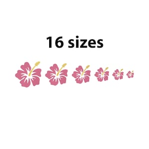 Pode incluir: Vários desenhos de flores de hibisco rosa com estames amarelos em fundo branco. O texto "16 tamanhos" está acima das flores. Estes gráficos florais são adequados para vários projetos de artesanato.