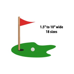Könnte beinhalten: Ein grünes Golfgrün mit einer roten Fahne und einem weißen Golfball. 1,5" bis 10" breit, 18 Größen.