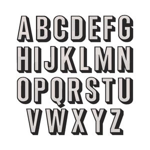 May include: A complete alphabet in a bold, 3D design. Each letter is white with a textured pattern, outlined in black, and set against a white background. The letters are arranged in rows, showcasing the full range from A to Z.