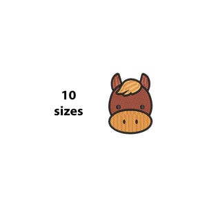 May include: An embroidered horse head design in brown, tan, and black. The design features a cartoon-style horse face with a tan muzzle and a brown mane. The text "10 sizes" is displayed in black font.