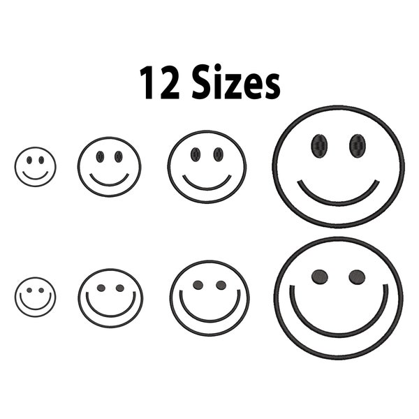 Mini bis Große Smiley-Stickerei, 12 Größen, Schneller Satin-Stich Umriss Smiley-Gesicht, Maschinenstickerei, Stickdatei