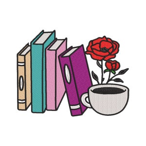 Book Lover Embroidery Design, 9 Sizes, Book and Coffe Machine Embroidery Design, Bookish Embroidery Pattern, Gift For Book Lover Embroidery