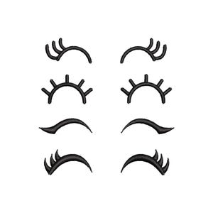 Puede incluir: Conjunto de seis diseños de ojos bordados en negro, que incluyen ojos cerrados, ojos abiertos y ojos con pestañas. Estos diseños son perfectos para agregar un toque caprichoso a cualquier proyecto.