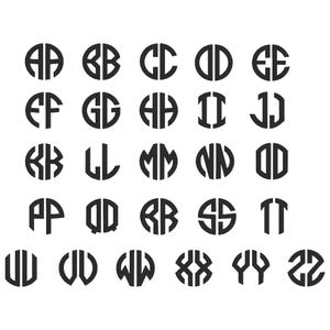 May include: A selection of black monogram designs, each with two capital letters inside a circular frame. The letters are in a bold, sans-serif font, arranged in a grid on a white background. Ideal for personalization.