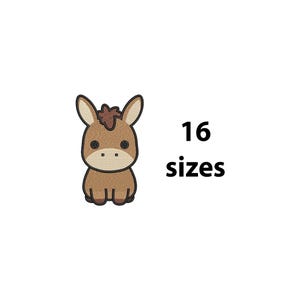 May include: A cartoon donkey patch in shades of brown and tan, featuring the text "16 sizes". The design includes a brown body, ears, and mane, with a tan muzzle, suitable for various applications.
