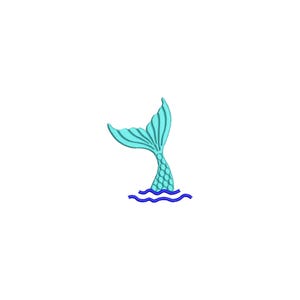 May include: A teal mermaid tail with a detailed fin design emerges from blue waves. The tail has a scaled pattern on the lower portion. The image is set against a white background.