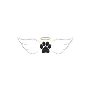 May include: A black paw print with a gold halo above it, surrounded by white angel wings.