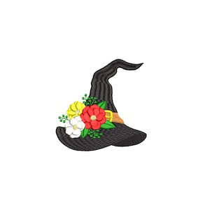 May include: A black witch hat with a wide brim and a pointed crown, decorated with a cluster of red, yellow, and white flowers.