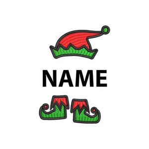 Puede incluir: Un gorro de elfo rojo y verde con un espacio para el nombre y un par de zapatos de elfo verdes.