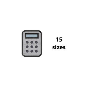 May include: A gray calculator icon with a black border, a light blue display screen, and nine dark gray circular buttons arranged in a grid. To the right of the calculator, the text "15 sizes" is printed in a bold, black sans-serif font.