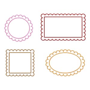 Könnte beinhalten: Vier dekorative Rahmen in verschiedenen Formen: ein Kreis, ein Rechteck, ein Quadrat und ein Oval. Jeder Rahmen hat einen gewellten Rand und ist rosa, rot, braun bzw. goldfarben. Die Rahmen sind innen leer.