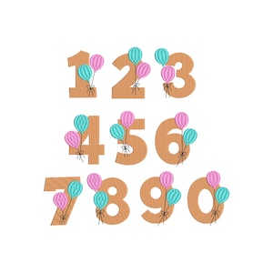 Puede incluir: Un conjunto de diez números marrones con globos rosas y azules unidos a cada número. Los números son del 1 al 10.