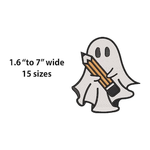 May include: A white ghost holding a yellow pencil. The ghost is 1.6" to 7" wide and comes in 15 sizes.