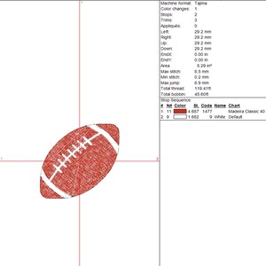 May include: A red and white football design, likely for embroidery or a similar craft project. The football is oval-shaped with white stitching details. The image includes technical specifications for the design, such as measurements and thread information.