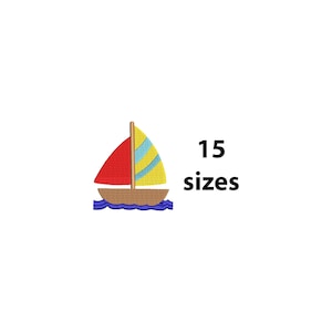 Pode incluir: Design de bordado de veleiro com vela vermelha, vela listrada amarela e azul e casco marrom. A imagem inclui o texto "15 tamanhos". O veleiro é retratado em ondas azuis.