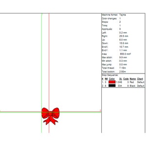Pode incluir: Um la&ccedil;o vermelho com um centro branco, contornado de preto, est&aacute; centrado em um fundo branco. A imagem &eacute; um desenho de bordado digital para uma m&aacute;quina de costura.