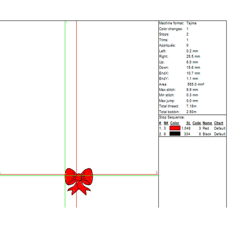 Pode incluir: Um la&ccedil;o vermelho com um centro branco, contornado de preto, est&aacute; centrado em um fundo branco. A imagem &eacute; um desenho de bordado digital para uma m&aacute;quina de costura.