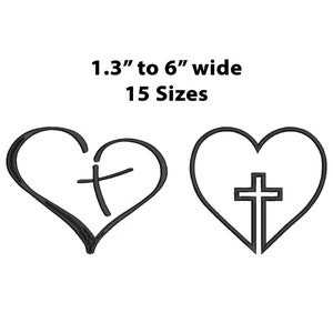 May include: Two black and white embroidery designs of a heart with a cross inside. The designs are available in 15 sizes, ranging from 1.3 inches to 6 inches wide.