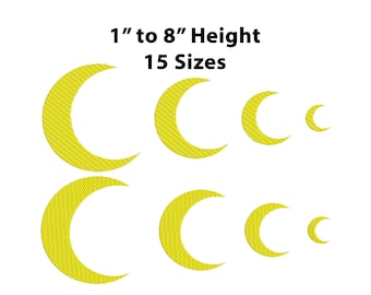 May include: Yellow crescent moon embroidery designs in various sizes, ranging from 1 to 8 inches in height. The image shows six embroidered moons, with the text "1" to 8" Height 15 Sizes".