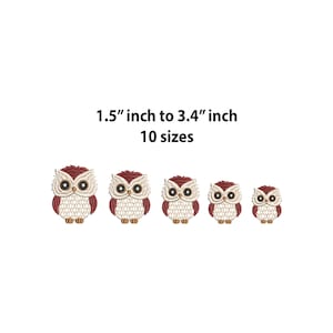 May include: Embroidered owl patches in various sizes, ranging from 3.8 to 8.6 cm. The owls feature a maroon and cream colour scheme with detailed stitching. The image includes the text "1.5 inch to 3.4 inch 10 sizes."