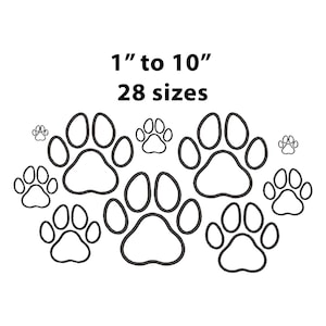 May include: A set of 28 black paw print stencils in various sizes, ranging from 1 inch to 10 inches.